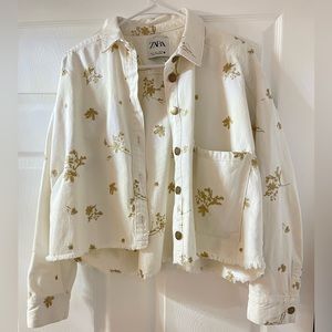 Zara White Denim Jacket with Metallic Floral Embroidery